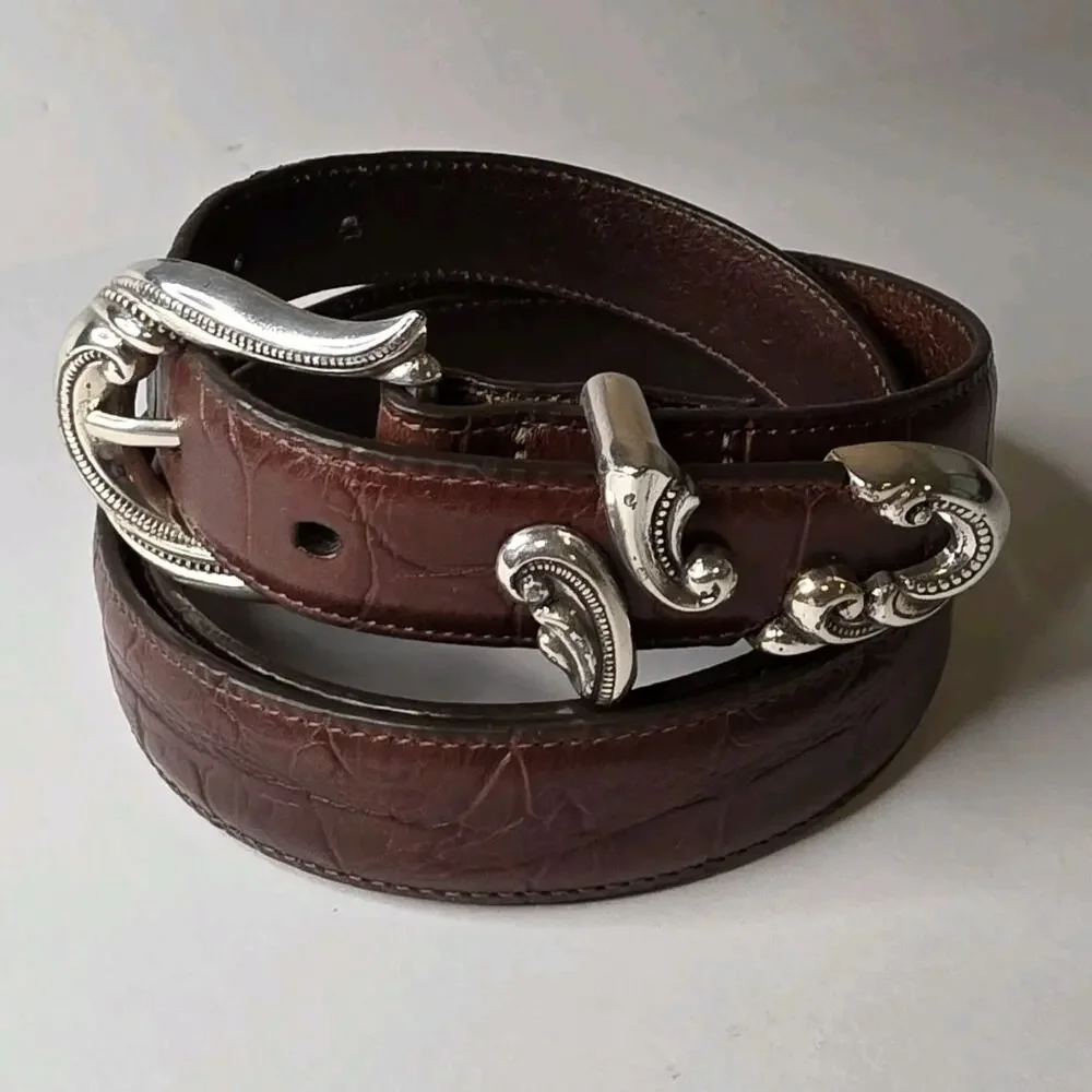VTG Brighton Y2K Brown Croc Embossed Leather Belt 2X Ornate Scroll Buckle Silver